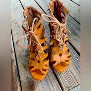 Beige lace up wedges